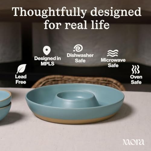 MORA Ceramic Chips and Dip Serving Tray: Large Divided Party Bowl Set for Chips & Salsa, Veggies & Dip, Fruit, Snacks, Entertaining, Hosting, etc. Minimalist Design for the Modern Hostess - Nebula