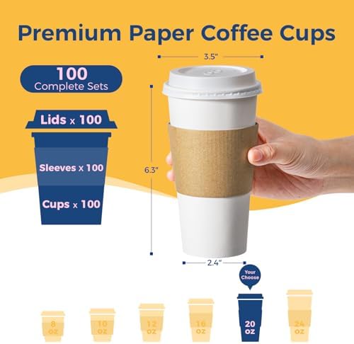 Fit Meal Prep 100 Pack 20 oz Disposable Coffee Cups with Lids, Sleeves, Leak-Proof To Go Coffee Cups with Lids, Durable Hot Paper Cups for Home, Office, Party, Business