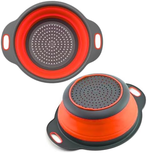Round Collapsible Colander with Plastic Handles Round Silicone Kitchen Strainers Foldable Kitchen Strainer Perfect for Draining Pasta Vegetable and Fruit Red
