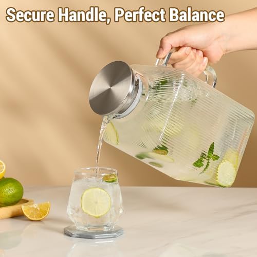 1 Gallon Square Classic Stripes Glass Pitcher with Lid, Pitchers for Fridge