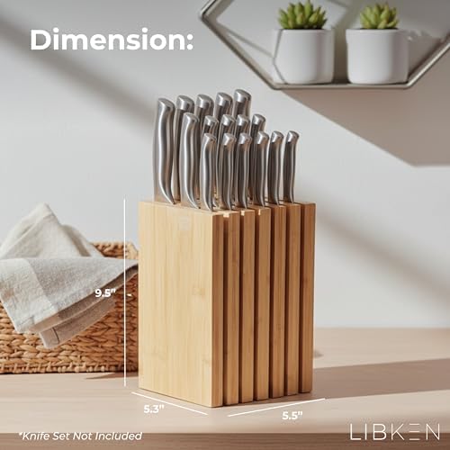 Libken Bamboo Knife Block – Minimal Scandinavian Design, Universal Knife Holder with 6 Slots for Up to 18 Knives – Fits Paring, Chef, Steak, Butcher Knives & Scissors, Countertop Knife Block