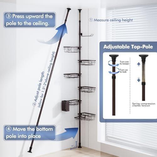Corner Shower Caddy Tension Pole, Bathroom Organizer and Storage for Shower