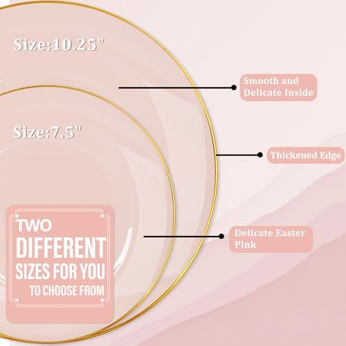 Nervure 100PCS Pink and Gold Plastic Plates - 7.5″ Disposable Salad Plates