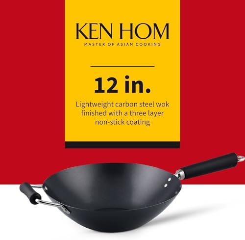 Ken Hom 12" Carbon Steel Nonstick Stir Fry Wok - Soft Touch Helper Handle and Lightweight Flat Bottom Design