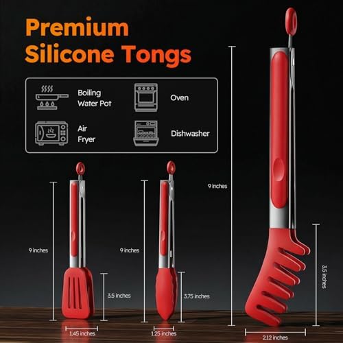 HST 3 Pack Kitchen Tongs, Non Stick Stainless Steel 9 Inch Tongs