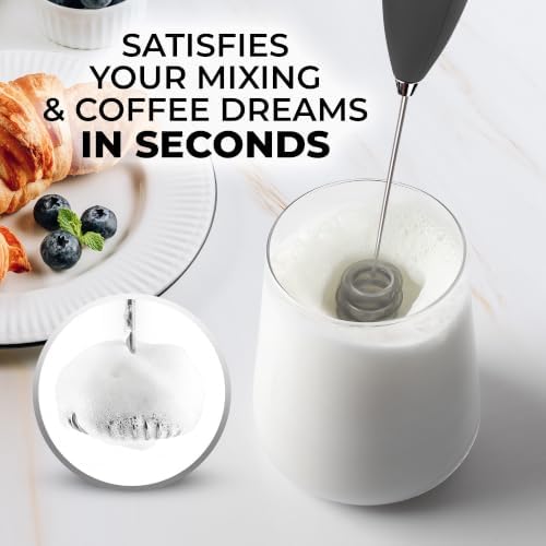 Zulay Kitchen Powerful Milk Frother Wand With Duracell Batteries - Ultra Fast Handheld Drink Mixer - Electric Whisk Foam Maker for Coffee, Lattes, Cappuccino & Matcha - Triple Whisk - Onyx Slate