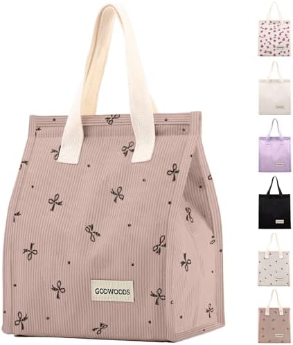 TELLUMO Corduroy Insulated Lunch Bag, 7.75L Large Capacity Reusable Lunch Box, Cute Lunch Tote for Women Men, Leakproof Lunch Cooler for Work Picnic Travel (Corduroy Pinkbow)