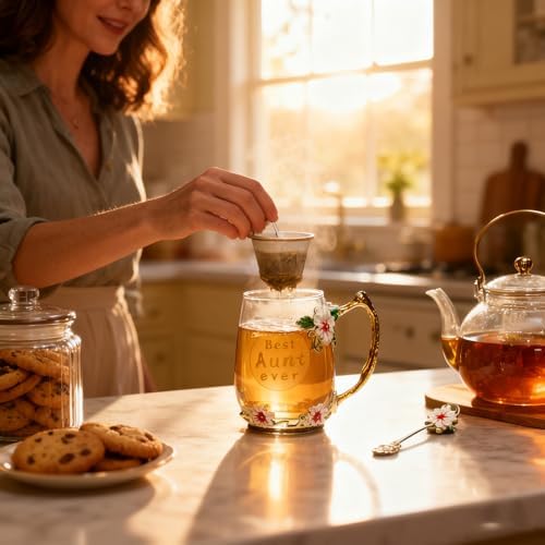 Best Aunt Ever Printed Flower Tea Glass - Hidden in Socks, Perfect Christmas Thanksgiving Gift for Aunt Auntie or Neighbor