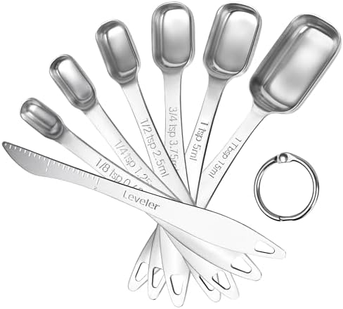 U-Taste Narrow Square Measuring Spoons, Metal Measure Set of 7 with Leveler