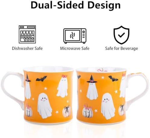 Cute Ghost Halloween Coffee Mug, 12oz Orange Ceramic Coffee Cup with Bow Pumpkins, Bats & Witch Hat Design, Spooky-Cute Holiday Gift for Halloween, Designed in England by Harvest Green Studio