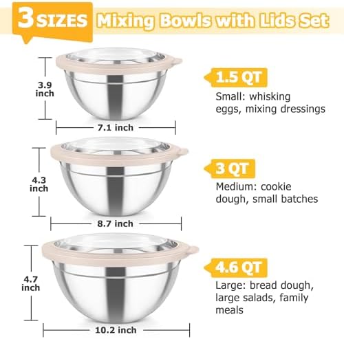 TeamFar Mixing Bowls with Lids, 4.5/3/1.5 QT Stainless Steel Nesting Bowls