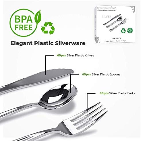 160 Pack Silver Plastic Cutlery Disposable Silverware - 80 Forks, 40 Knives, 40 Spoons - For Catering, Parties, Dinners, Weddings, and Everyday Use, Stock Your Home