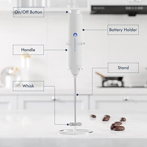 Powerful Milk Frother Handheld Foam Maker, Mini Whisk Drink Mixer for Coffee, Cappuccino, Latte, Matcha, Hot Chocolate, With Stand, White
