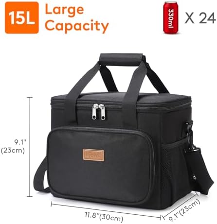 Lifewit Large Lunch Bag, Insulated Lunch Box, Soft Cooler Cooling Tote for Adult Men Women, Black 24-Can (15L)