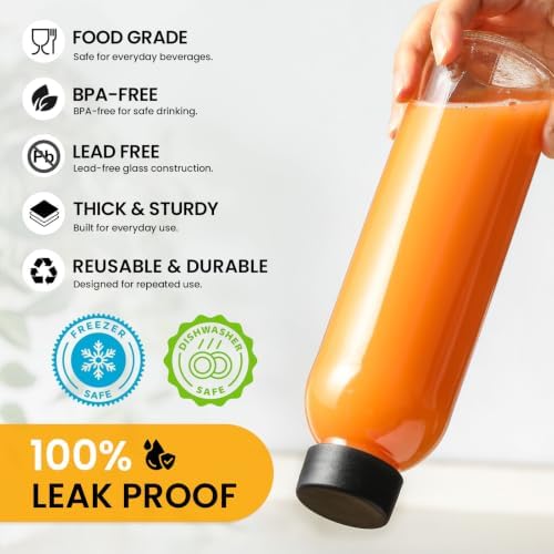 [UPGRADED LID] 8 Pack 18 oz Glass Juice Bottles with 8 Airtight Lids &2 Straw Hole Lids &2 Straws, Reusable Drinking Jar, Clear Water Bottles for Juicing, Smoothies, Refrigerator & Travel - BPA Free
