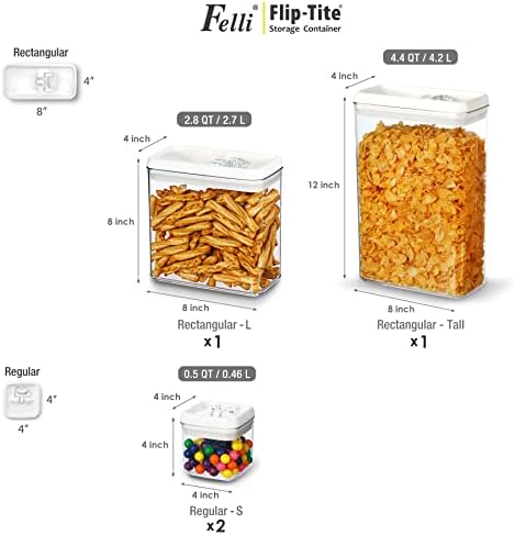 Felli Flip Tite Storage Container with Lid 4" RECTANGULAR Air Tight Ring Flip Top, Stackable Acrylic Canister for Kitchen Counter Pantry, Cereal Granola Pasta Spice, Christmas Gift (4pk, Variety)