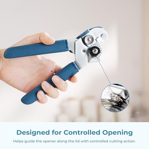 OOU Can Opener, Manual Stainless Steel Can Opener with Premium Zinc Alloy Construction, Large Turning Knob, Magnetic Lid Lifter and Ergonomic TPE Non-Slip Grip Handles, Blue
