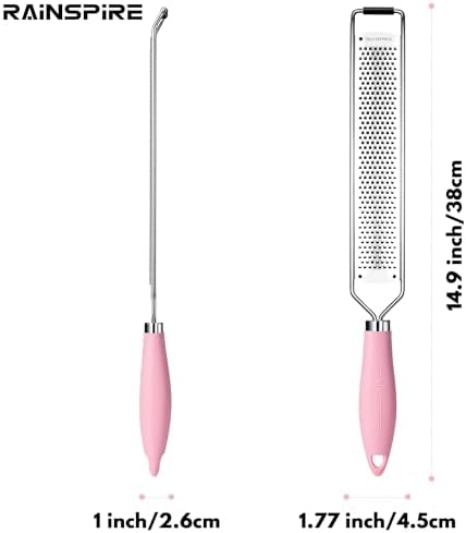 Rainspire Zester Grater with Handle, Lemon Zester Cheese Grater for Kitchen Stainless Steel, Parmesan Cheese Garlic Nutmeg Chocolate Fruits Vegetables Ginger Grater, Fine (Pink)