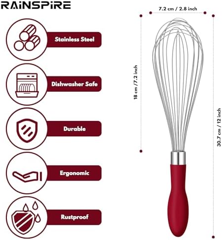 Whisk for Cooking Reinforced Anti-Break Handle Stainless Steel 3Pack Red