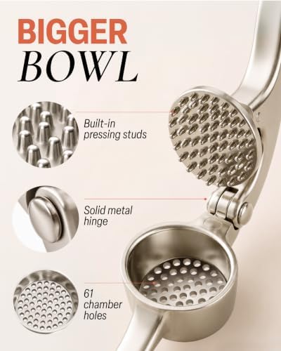 Zulay Kitchen Large Premium Garlic Press Set - Bigger Bowl for Bigger Garlic - Rust Proof Garlic Mincer Tool - Easy-Squeeze, Easy-Clean Silicone Garlic Peeler & Brush (Silver)