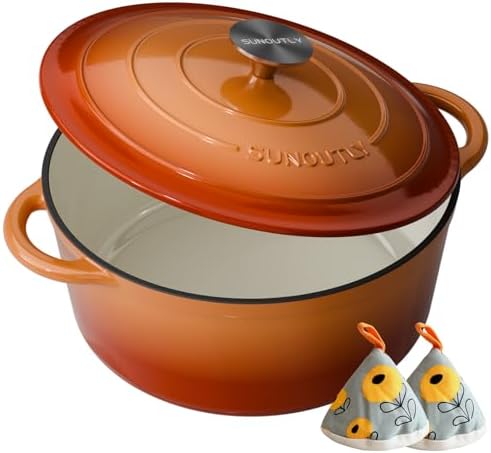 Enameled Cast Iron Dutch Oven - 7.5QT Dutch Oven Pot with Lid & Cotton Potholders - Heavy-Duty Non Stick Casserole Pot for Braising, Stews, Roasting, Baking, Suitable for All Stovetops, Vibrant Orange