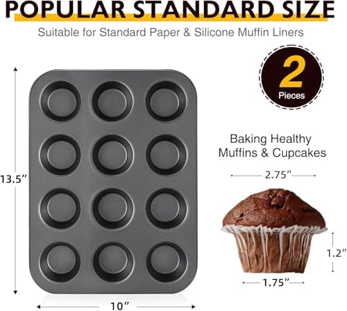 HONGBAKE Non-Stick Muffin Pans, Cupcake Pan with Silicone Baking Cups, 2 Pack Non toxic Healthy Muffin tin, Heavy duty-Dark Grey