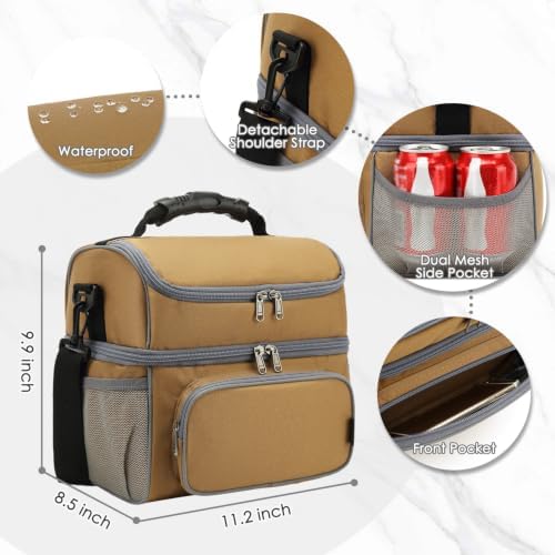 FlowFly Double Layer Cooler Insulated Lunch Bag Adult Lunch Box Large Tote Bag for Men, Women, With Adjustable Strap,Front Pocket and Dual Large Mesh Side Pockets