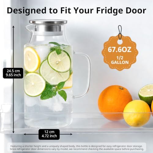 Bivvclaz Short 67.6 oz Glass Pitcher with Lid and Handle, Glass Carafe for Hot/Cold Water, Iced Tea Pitcher for Coffee, Juice and Homemade Beverage
