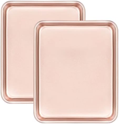 11" x 9" Baking Pans, Cookie Sheets Set of 2, Nonstick Toaster Oven Pan Set for Baking, Heavy Duty Carbon Steel Non-toxic Oven Replacement Cookie Tray for Kitchen Bakery, Gold
