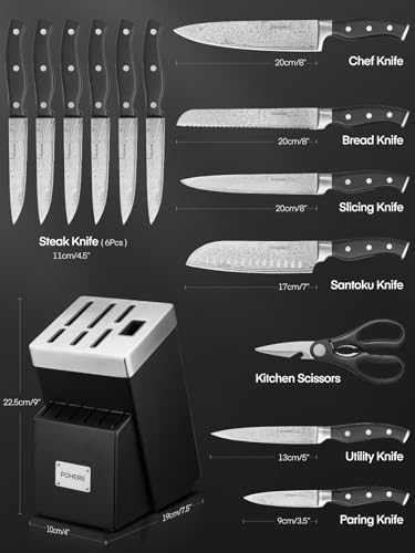 Knife Set, FOHERE 14 Pieces Self Sharpening Knife Block Set, High Carbon Stainless Steel Waved Pattern Knife Set with Block, Rust & Stain Resistant Kitchen Knives and Triple Riveted Handle, Black