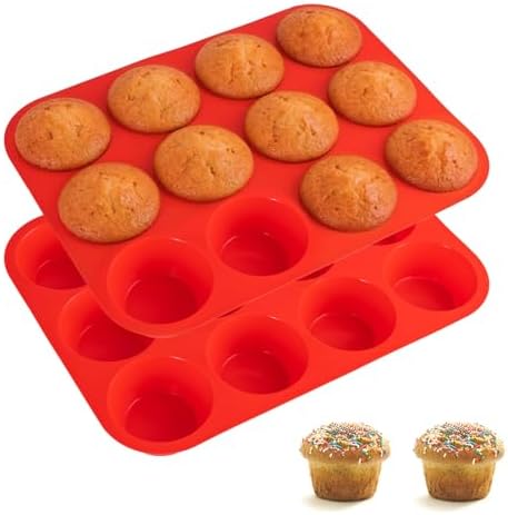 2 Pack Silicone Cupcake Pan for Baking, Nonstick Silicone Muffin Pans, 12 Cups Regular Size Cupcake Pan, Durable and Flexible, Quick-Release, Easy to Clean, Ideal for Home Baking and Party, Red