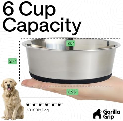 GORILLA GRIP Dog Bowl, Food Grade Stainless Steel Water Bowls, 6 Cup Black