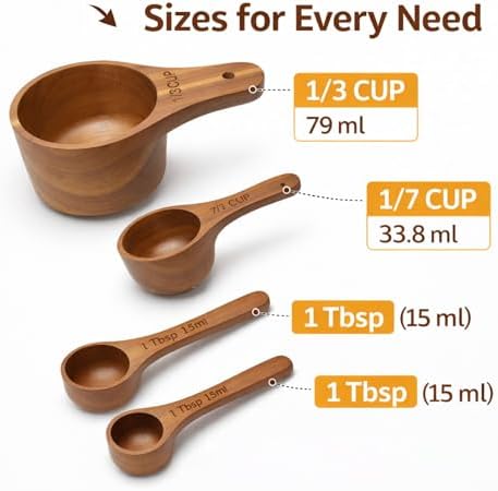 Wooden Measuring Cups and Spoons Set - Eco-Friendly Solid Acacia Wood, Laser Engraved Measurements, Perfect for Baking & Cooking - Ideal for Bakers (4-Pc Small Acacia Measuring Cups)