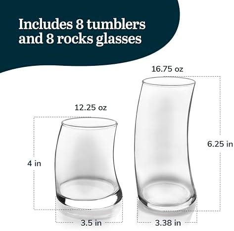 Libbey Swerve Drinking Glasses Set of 16, Chip-Resistant Tumbler and Rocks Glass Cups Set, Fun, Edgy Everyday Drinking Glasses for Special Events