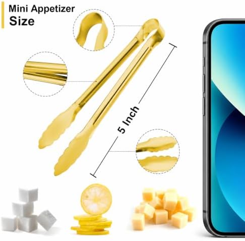 8PCS Gold Mini Metal Tongs, 5" Stainless Steel Serving Tiny Tong, Small Kitchen Accessories for Appetizer, Ice, Sugar Cube, Salad, Toaster, Desserts (Gold, 5 INCH)