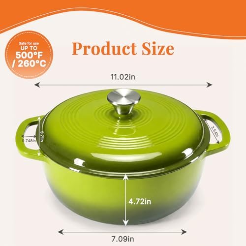 NEWBULIG Cast Iron Dutch Oven, 6 Quart Enamel Dutch Oven Pot with Lid, Heavy Duty Cookware for Sourdough Bread, Braising, Stews, Roasting, Safe up to 500°F, Green