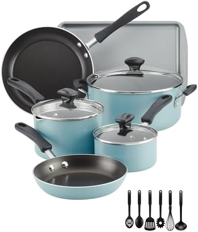 Farberware Cookstart Aluminum DiamondMax Nonstick Cookware Set, Kitchen Essentials, 15-Piece, Aqua