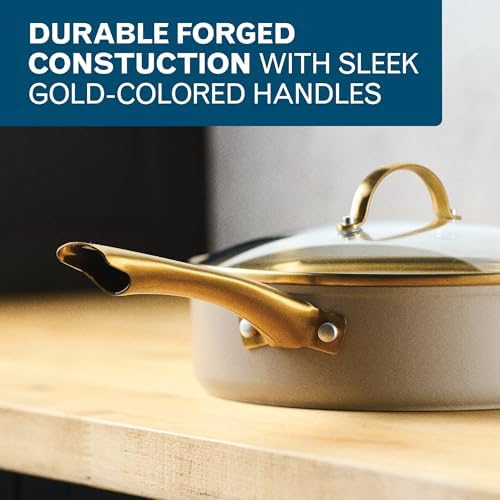 Farberware Forged Induction Ceramic Nonstick Saute Pan/Jumbo Cooker with Lid, Dishwasher Safe, Gold Color Stainless Steel Handle, 3 Quart Sauteuse Pan - Taupe