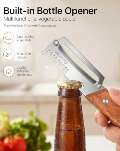 2 Pack Multifunctional Vegetable Peeler, 3-in-1 Peeler For Kitchen with Bottle Opener, Stainless Steel Peelers with Wooden Handle, Ergonomic Handheld Peeler for Peeling Vegetable, Fruit, Scallion