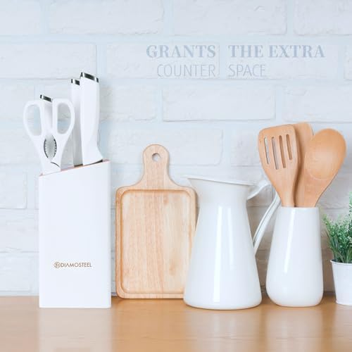 White Knife Set with Wooden Block, 7-Piece Knife Block Set