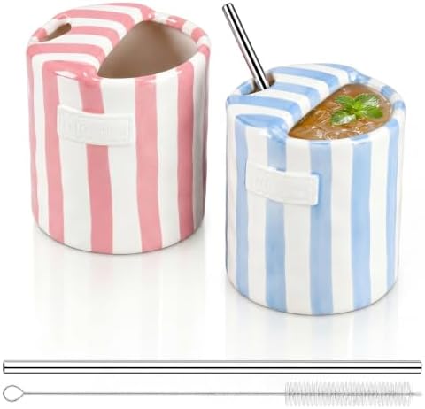 2 Pack Ceramic Coffee Mug with Sip Hole, Simple, Light Blue, Pink