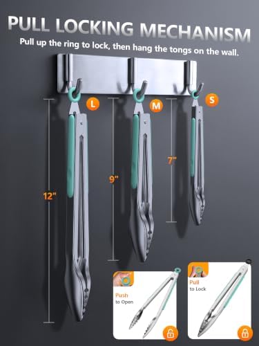 Stainless Steel Kitchen Tongs with Teeth Good Grip, Set of 3 Aqua Sky