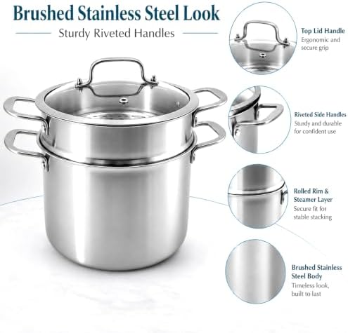 DELARLO 8 Quart Tri-Ply 18/10 Stainless Steel Stock Pot with Steamer