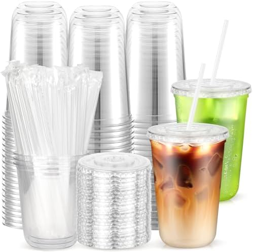 50 Pack 16 oz Plastic Cups with Lids and Straws, Disposable Clear Cups