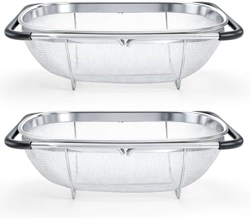 2 Pack Over the Sink Oval Colander for Kitchen, Stainless Steel Fine Mesh 6 Quart Strainer Basket with Expandable Rubber Grip Handles for Straining, Draining, Rinsing Fruits, Vegetables