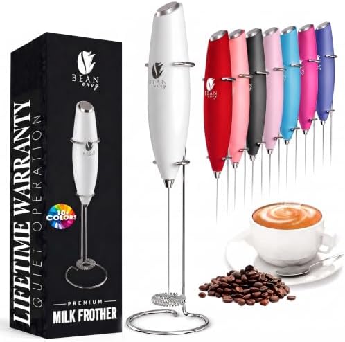 Bean Envy Milk Frother Handheld - Coffee Mixer Wand with Stand - White
