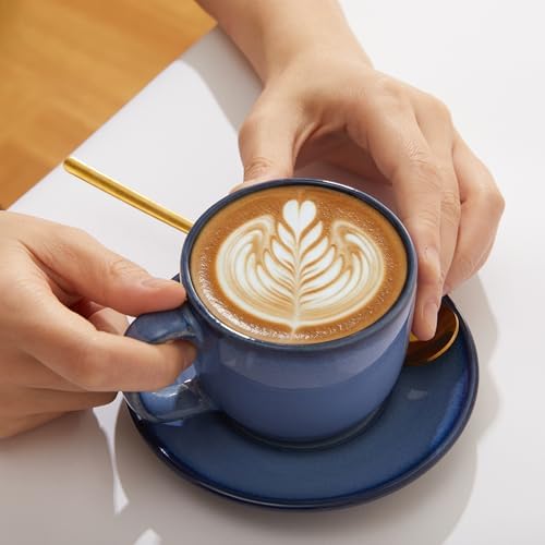 Pokini Stoneware Coffee Cups with Saucers, Cappuccino Cups, Mugs Set of 4