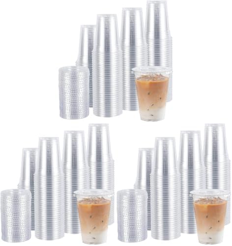 TashiBox 16oz-100 Count Plastic cups with flat lids | Disposable Plastic Ice coffee Cups to go | Crystal Clear (Pack of 3)