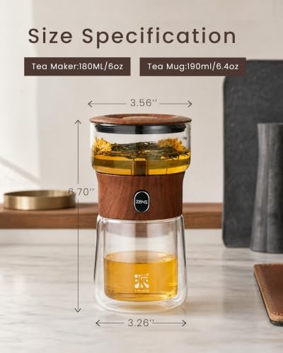 ZENS Glass Infuser Teapot, One Touch Tea Maker for Loose Leaf Tea, Teak
