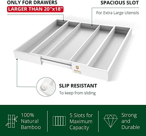 ROYAL CRAFT WOOD Luxury Bamboo Kitchen Drawer Organizer - Silverware Organizer - Utensil Holder and Cutlery Tray with Grooved Drawer Dividers for Flatware and Kitchen Utensils (5 Slot, White)